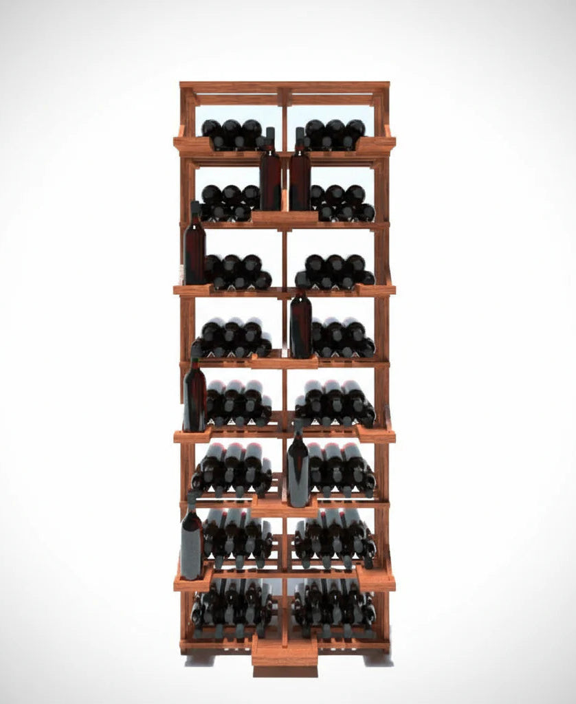 Wooden wine rack with multiple bottles of wine on a white background