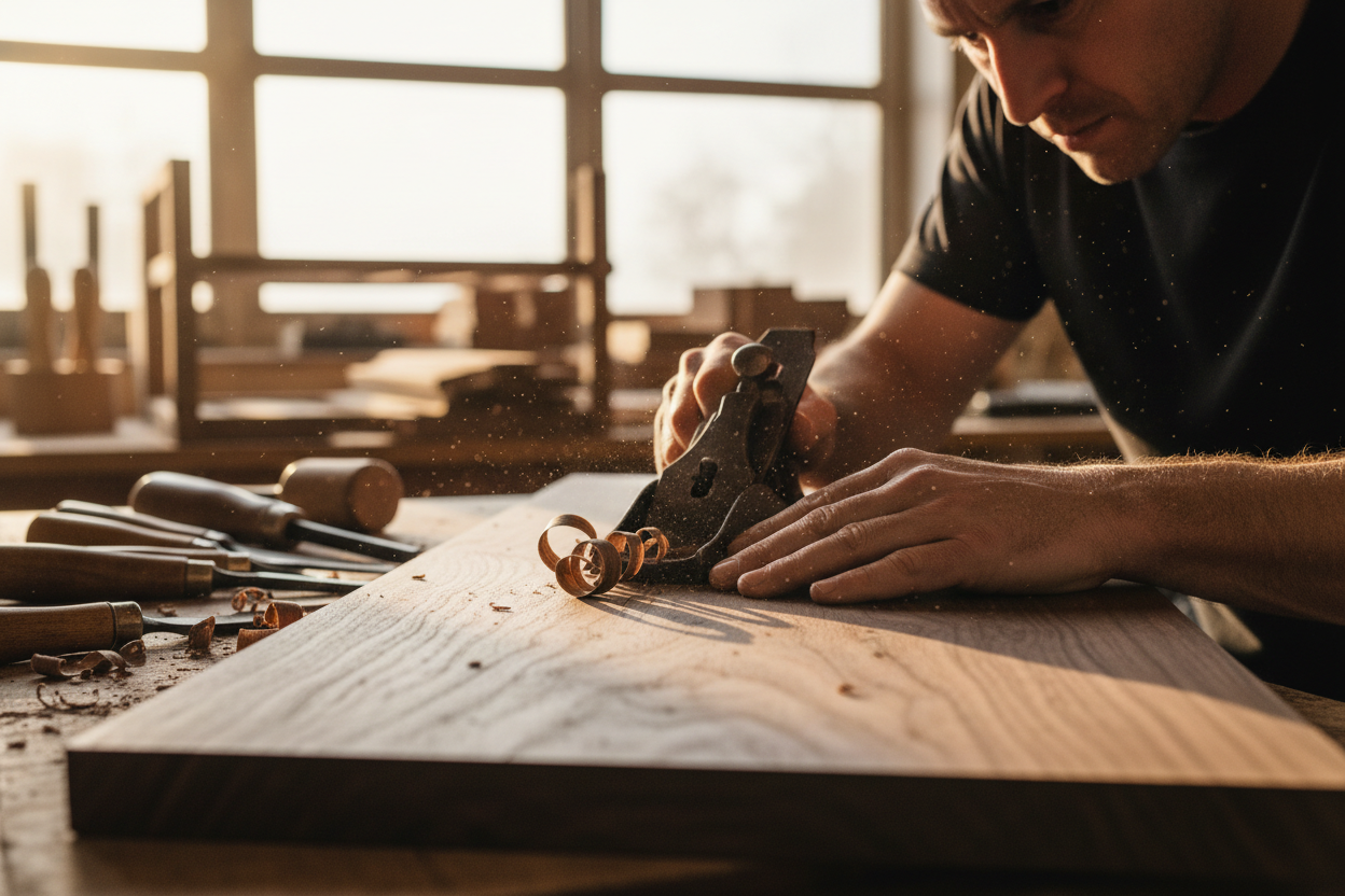 A highly detailed editorial close-up of an American craftsman shaping premium hardwood for wine racks, warm natural lighting, visible wood grain texture, fine sawdust, authentic woodworking tools, Architectural Digest style, ultra-realistic, shallow depth of field, emphasis on craftsmanship integrity.