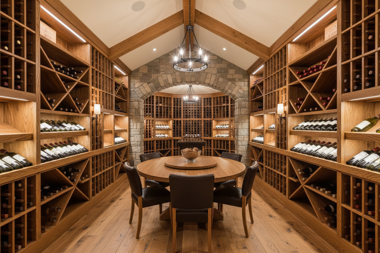 Architectural Digest–style editorial photo of premium wooden wine racks handcrafted in the USA, warm ambient lighting, natural oak textures, high-end cellar environment, American craftsmanship tone.