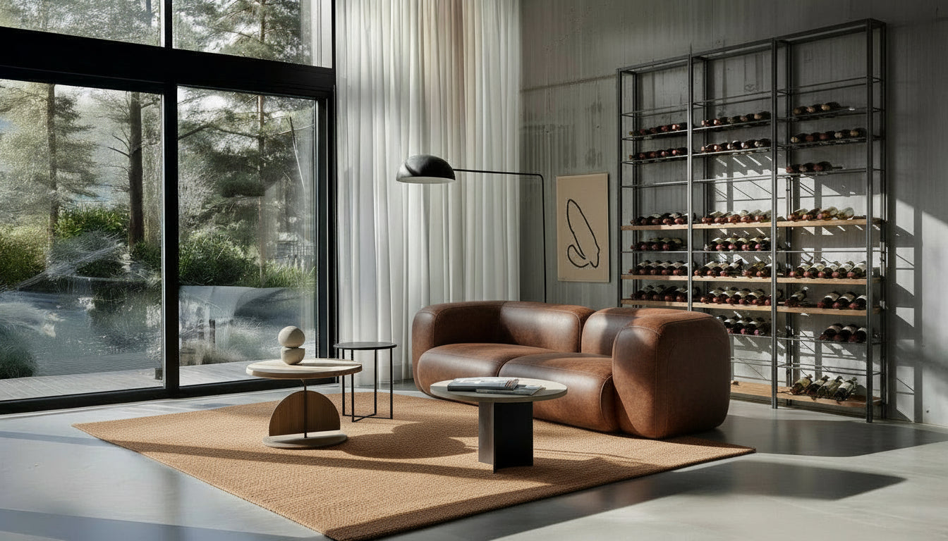 Modern living room with a blue sofa, coffee table, and wine rack.