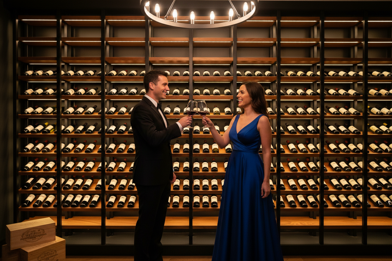 man and woman raising a toast with wine glasses standing in front of a wine storage system