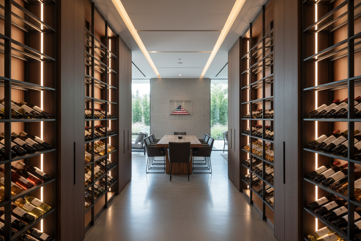 modern wine cellar with a small american flag in the background