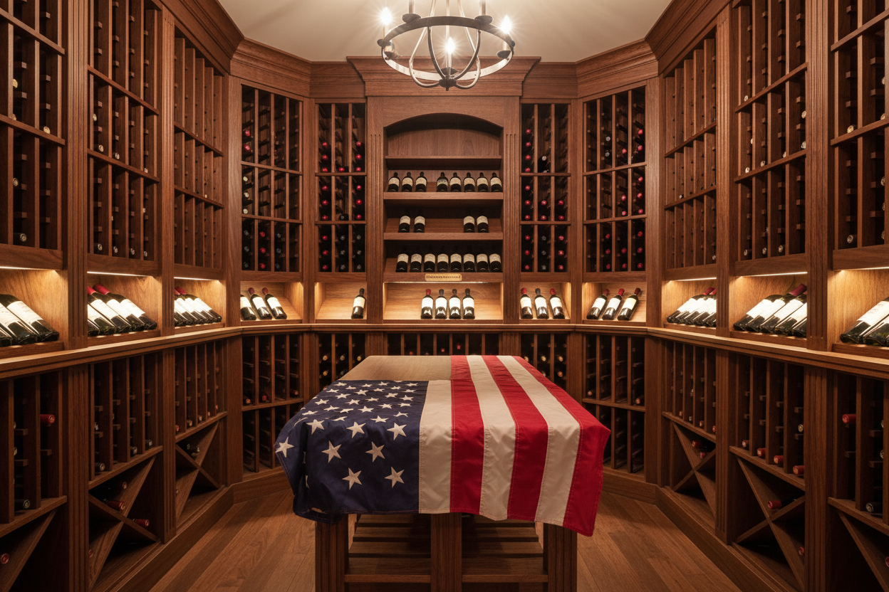 wood wine storage cellar with an american flag placed in the frame